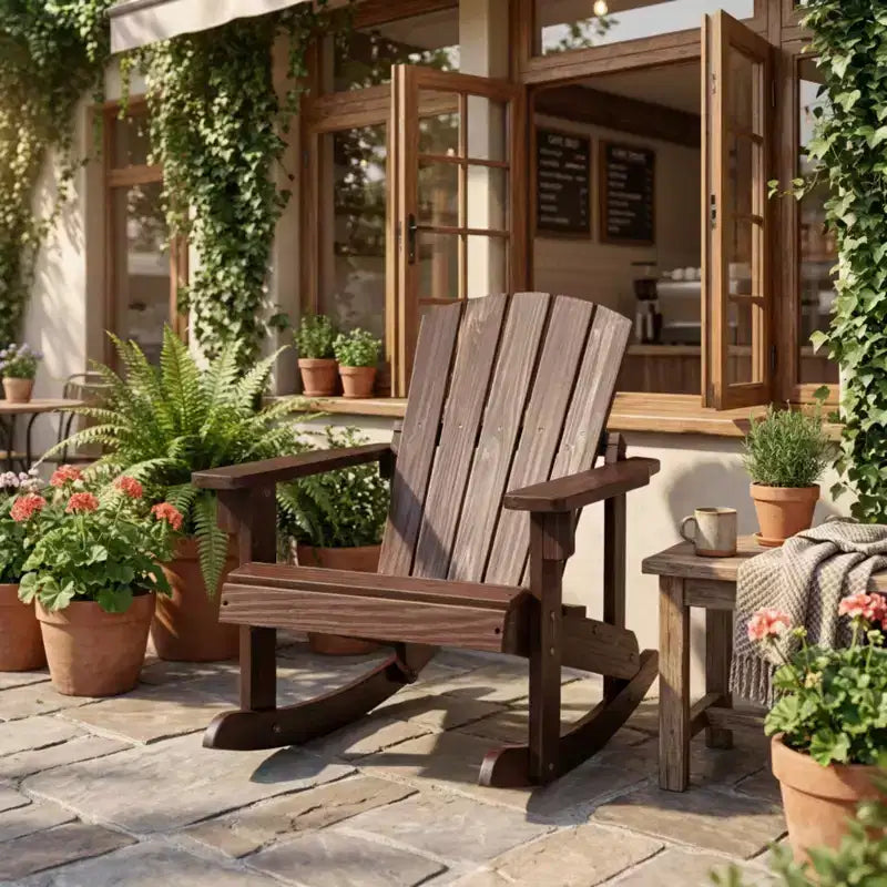 Gymax Sedia a Dondolo Adirondack per Bambini da Esterno con Sedile a Doghe in Legno Massiccio e Schienale Caffè/Bianco
