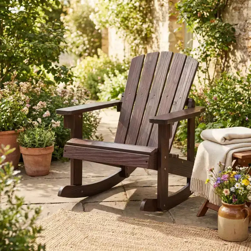 Gymax Sedia a Dondolo Adirondack per Bambini da Esterno con Sedile a Doghe in Legno Massiccio e Schienale Caffè/Bianco