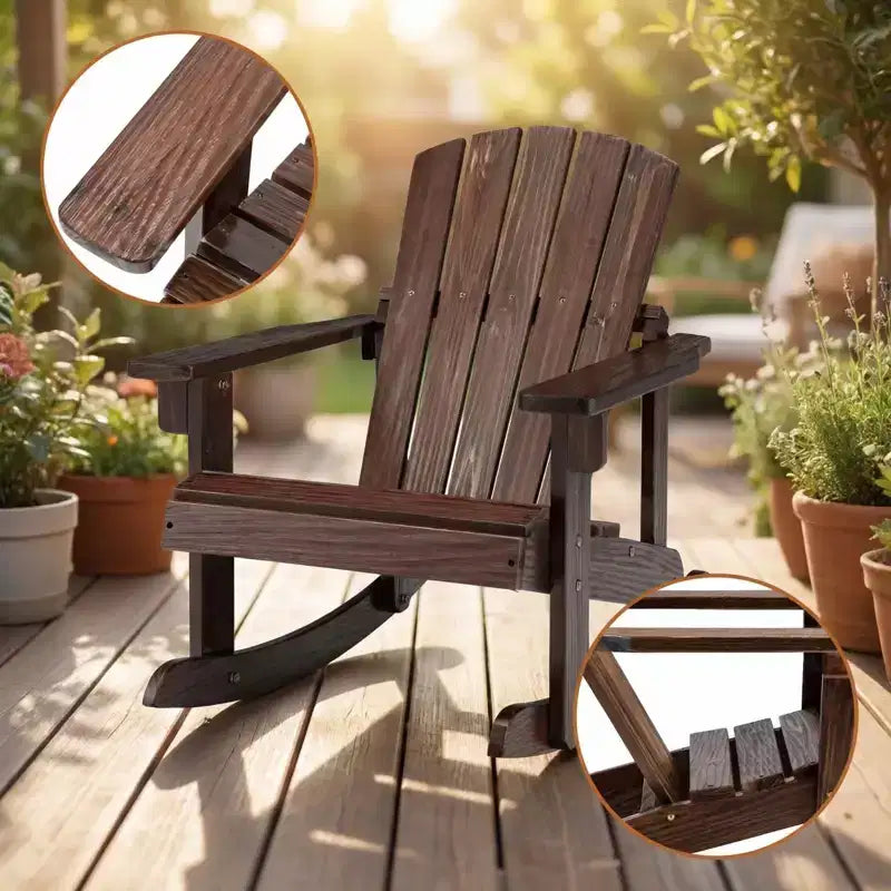 Gymax Sedia a Dondolo Adirondack per Bambini da Esterno con Sedile a Doghe in Legno Massiccio e Schienale Caffè/Bianco