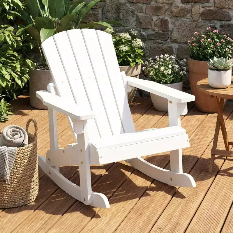 Gymax Sedia a Dondolo Adirondack per Bambini da Esterno con Sedile a Doghe in Legno Massiccio e Schienale Caffè/Bianco