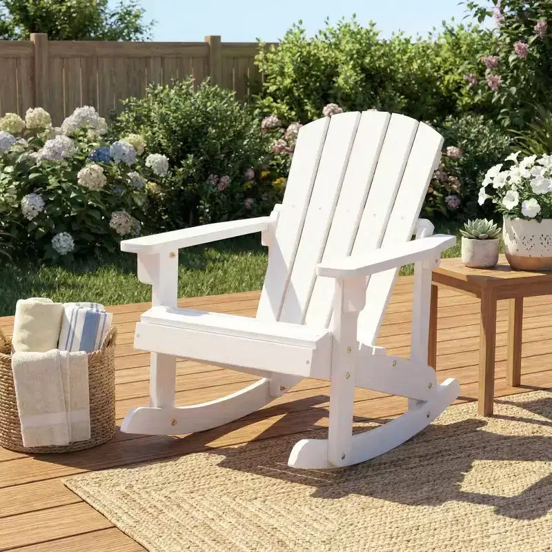Gymax Sedia a Dondolo Adirondack per Bambini da Esterno con Sedile a Doghe in Legno Massiccio e Schienale Caffè/Bianco