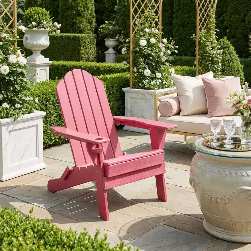 Gymax 1 Sedia Pieghevole Adirondack da Esterno con Design Resistente alle Intemperie e Portabevande Integrato per il Tuo Giardino Blu Navy/Rosso