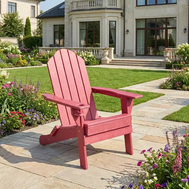 Gymax 1 Sedia Pieghevole Adirondack da Esterno con Design Resistente alle Intemperie e Portabevande Integrato per il Tuo Giardino Blu Navy/Rosso
