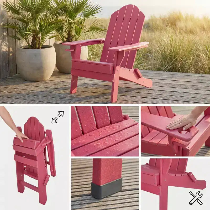 Gymax 1 Sedia Pieghevole Adirondack da Esterno con Design Resistente alle Intemperie e Portabevande Integrato per il Tuo Giardino Blu Navy/Rosso
