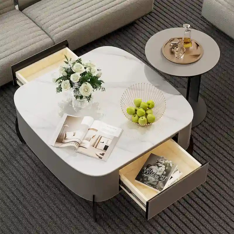 Tavolino da caffè quadrato moderno con 2 cassetti, tavolino laterale bianco Mecha Styling da 80 cm (tavoli grandi/piccoli venduti separatamente)