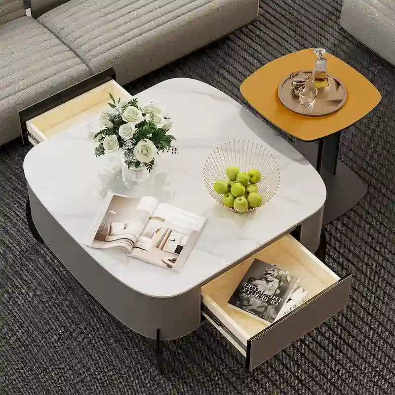 Tavolino da caffè quadrato moderno con 2 cassetti, tavolino laterale bianco Mecha Styling da 80 cm (tavoli grandi/piccoli venduti separatamente)