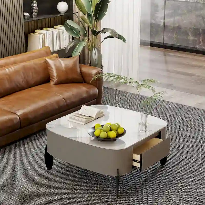 Tavolino da caffè quadrato moderno con 2 cassetti, tavolino laterale bianco Mecha Styling da 80 cm (tavoli grandi/piccoli venduti separatamente)