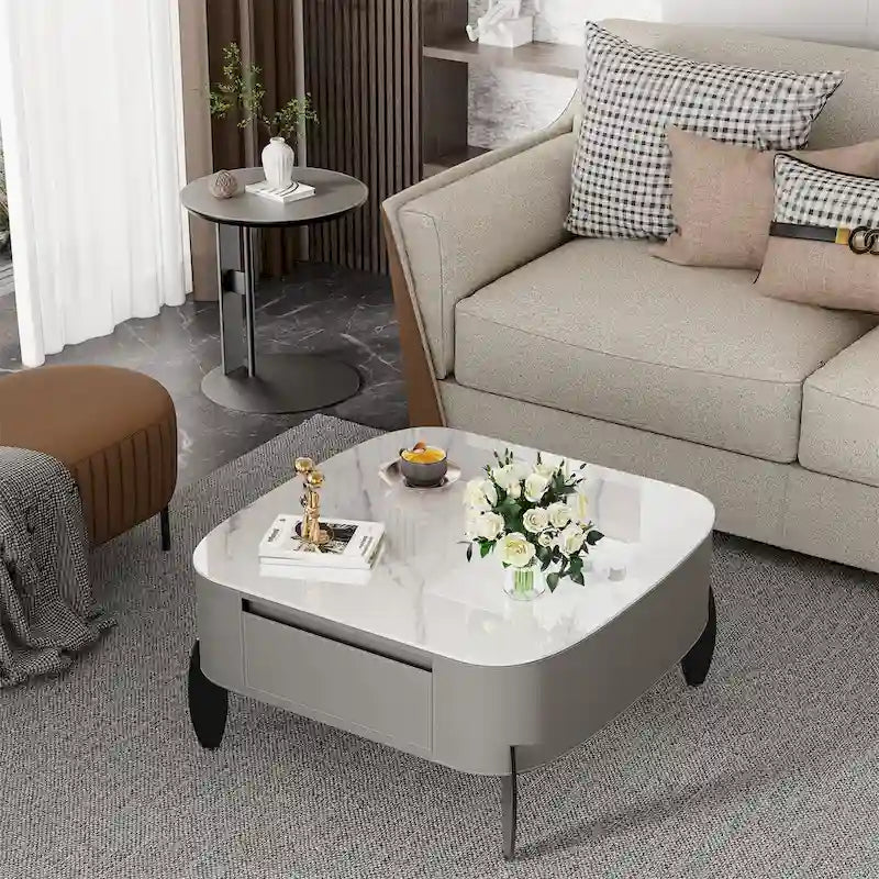 Tavolino da caffè quadrato moderno con 2 cassetti, tavolino laterale bianco Mecha Styling da 80 cm (tavoli grandi/piccoli venduti separatamente)