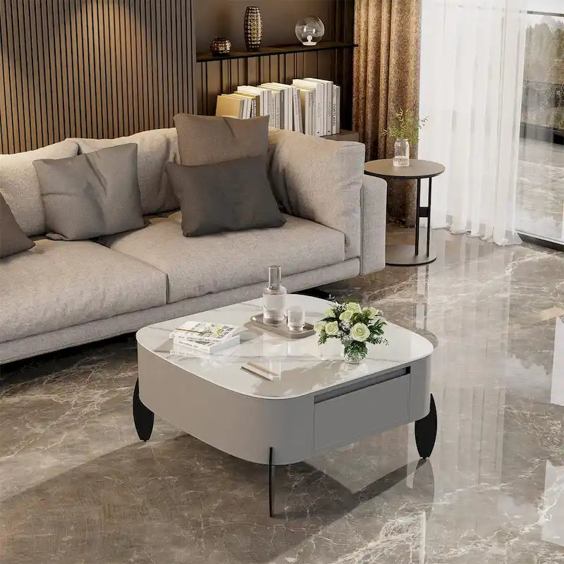 Tavolino da caffè quadrato moderno con 2 cassetti, tavolino laterale bianco Mecha Styling da 80 cm (tavoli grandi/piccoli venduti separatamente)
