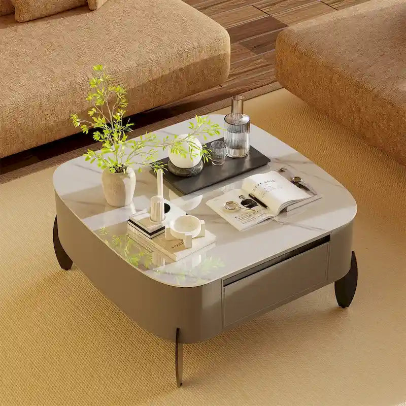 Tavolino da caffè quadrato moderno con 2 cassetti, tavolino laterale bianco Mecha Styling da 80 cm (tavoli grandi/piccoli venduti separatamente)