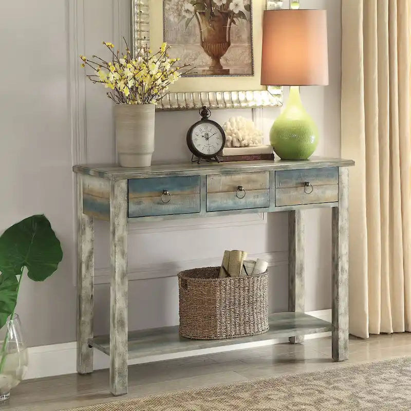 Console a 3 cassetti grigio antico e verde acqua