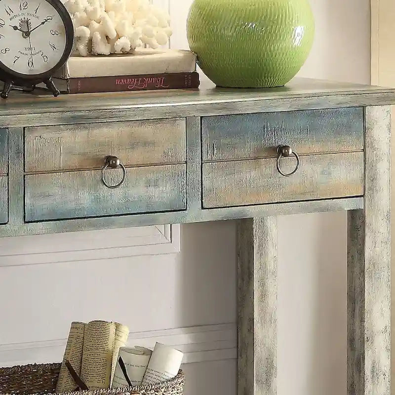 Console a 3 cassetti grigio antico e verde acqua