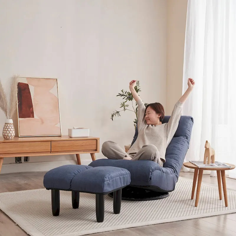 Set reclinabile girevole senza braccioli Navy con pouf, poggiatesta e schienale regolabili