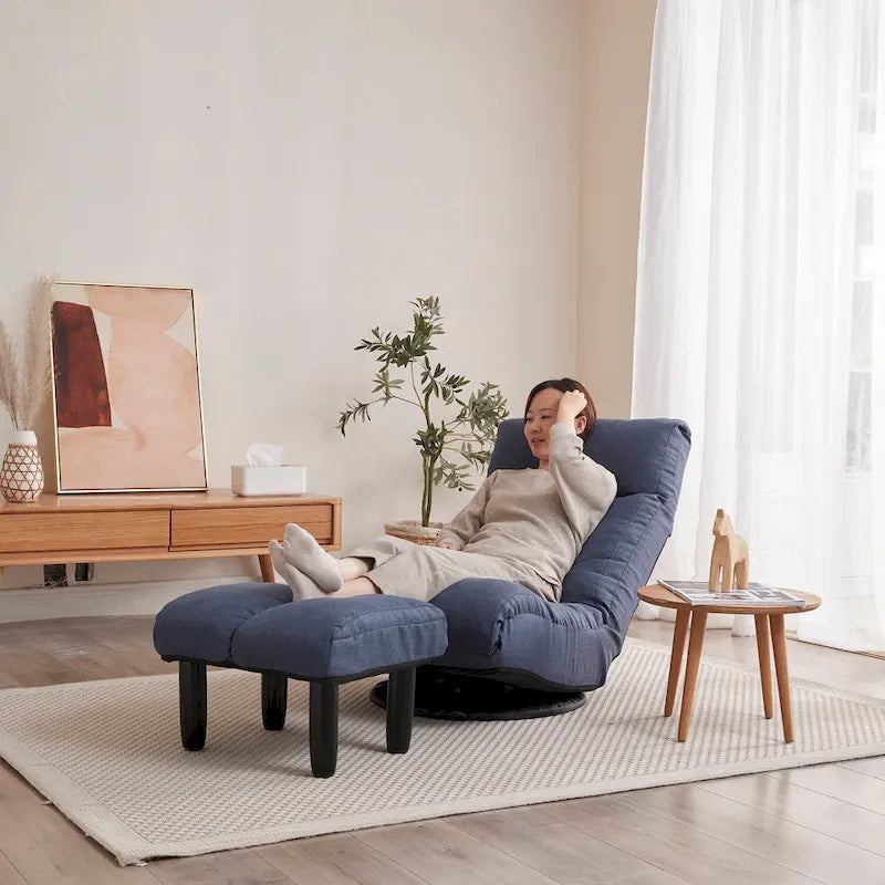 Set reclinabile girevole senza braccioli Navy con pouf, poggiatesta e schienale regolabili