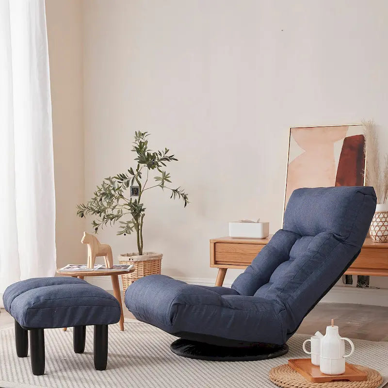 Set reclinabile girevole senza braccioli Navy con pouf, poggiatesta e schienale regolabili