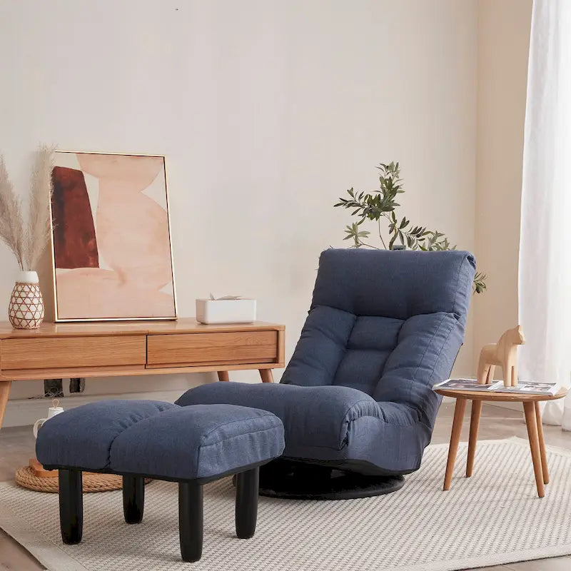 Set reclinabile girevole senza braccioli Navy con pouf, poggiatesta e schienale regolabili