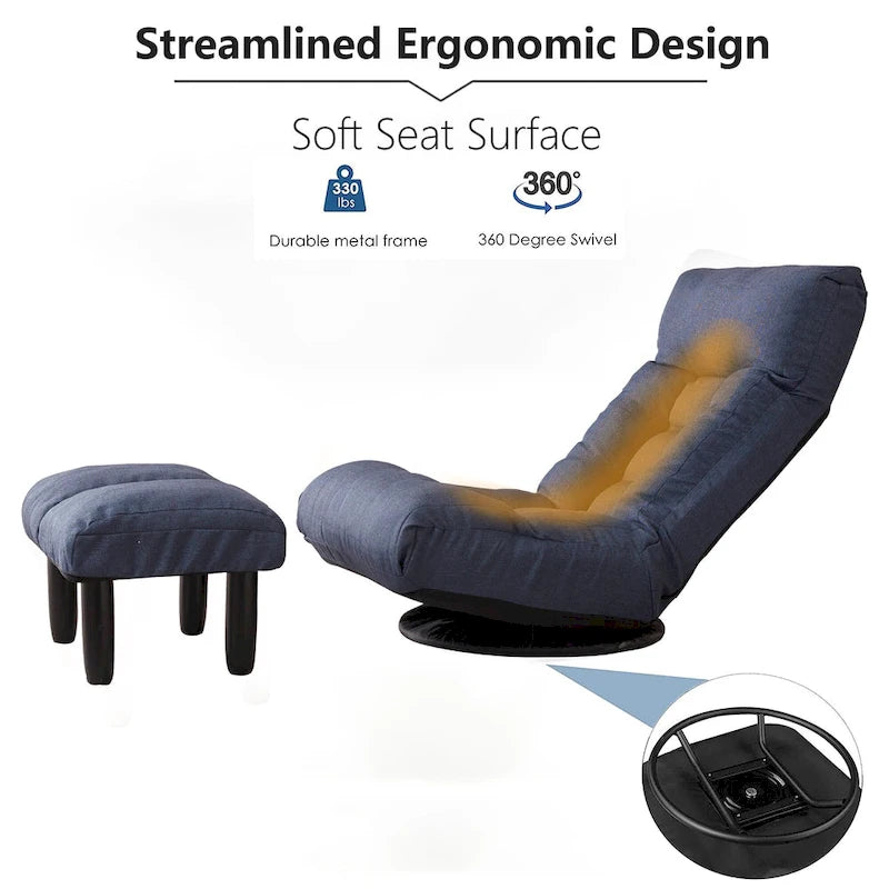 Set reclinabile girevole senza braccioli Navy con pouf, poggiatesta e schienale regolabili