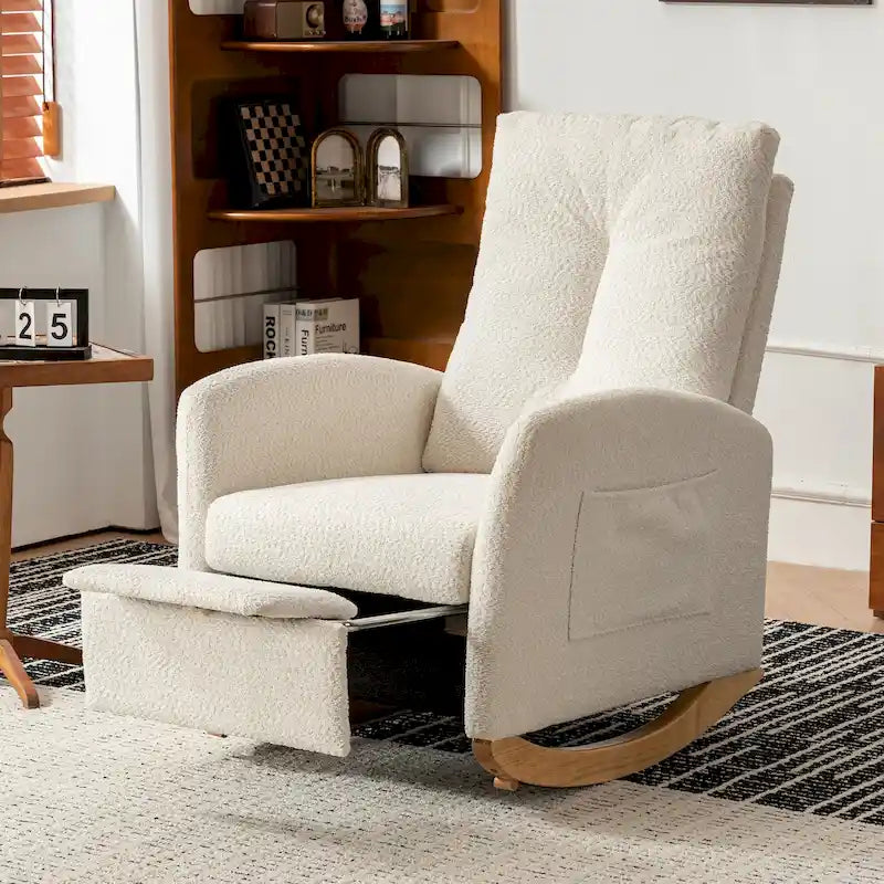 Sedia a Dondolo Moderna Beige con Schienale Alto 35.8, Poggiapiedi e Gambe in Legno
