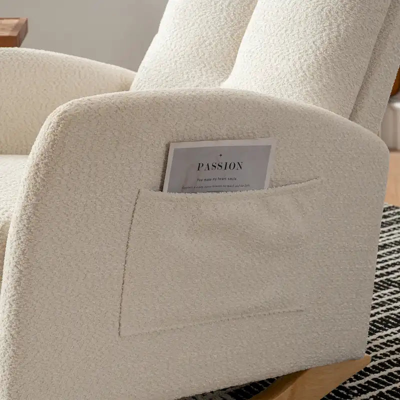Sedia a Dondolo Moderna Beige con Schienale Alto 35.8, Poggiapiedi e Gambe in Legno