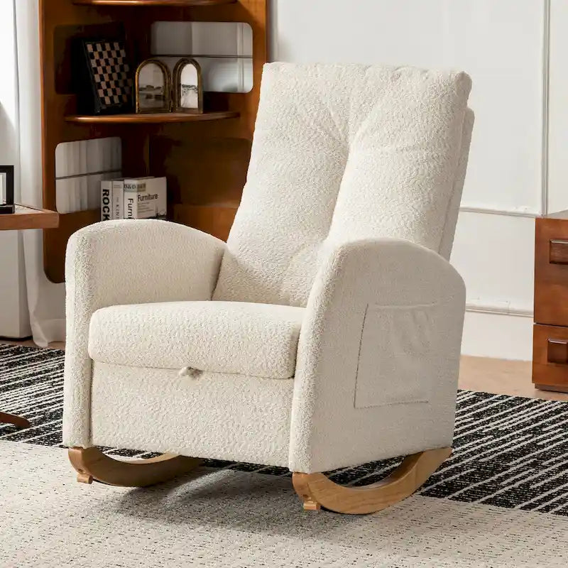 Sedia a Dondolo Moderna Beige con Schienale Alto 35.8, Poggiapiedi e Gambe in Legno