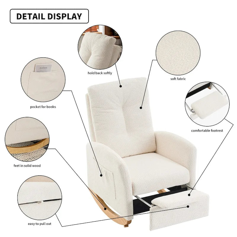Sedia a Dondolo Moderna Beige con Schienale Alto 35.8, Poggiapiedi e Gambe in Legno