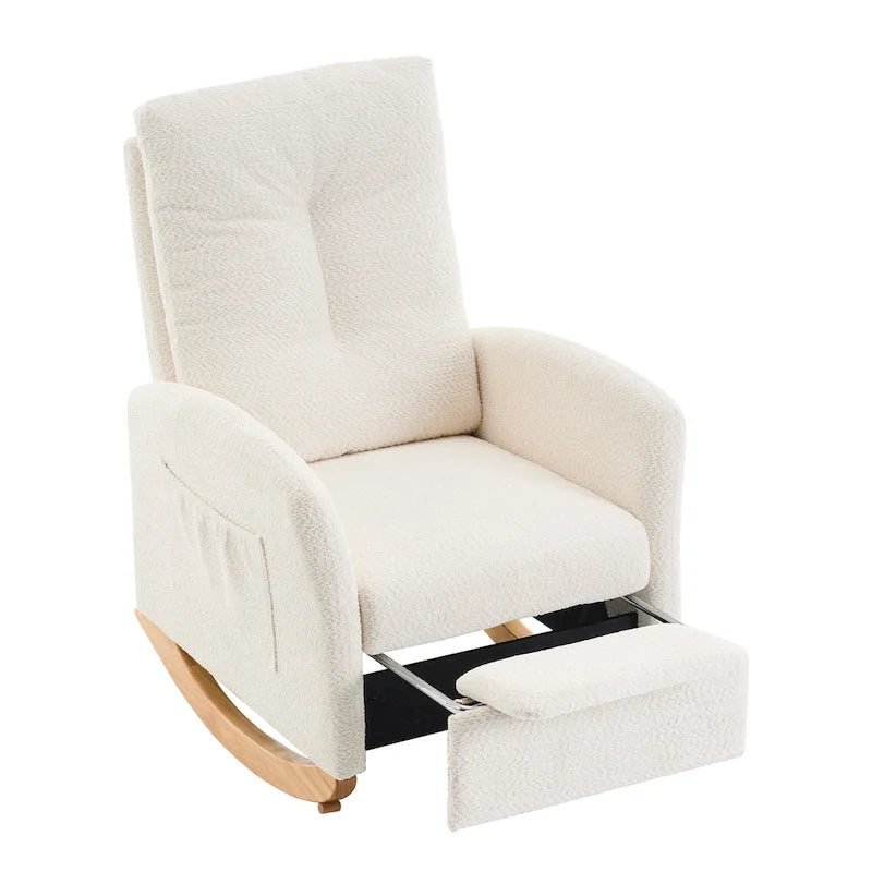 Sedia a Dondolo Moderna Beige con Schienale Alto 35.8, Poggiapiedi e Gambe in Legno