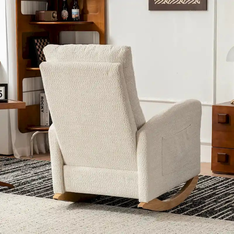 Sedia a Dondolo Moderna Beige con Schienale Alto 35.8, Poggiapiedi e Gambe in Legno