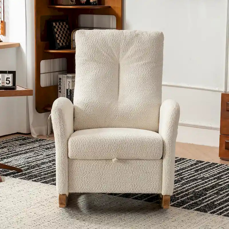 Sedia a Dondolo Moderna Beige con Schienale Alto 35.8, Poggiapiedi e Gambe in Legno