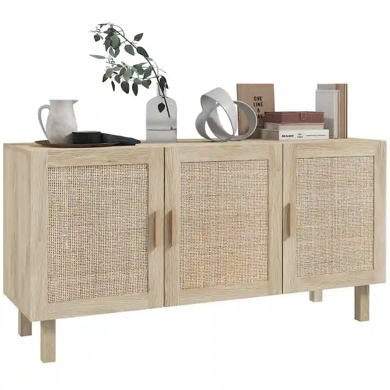Credenza Buffet, Mobile da Cucina, Mobile Bar per Caffè con 3 Ante in Rattan e Ripiani Regolabili, Naturale Misto