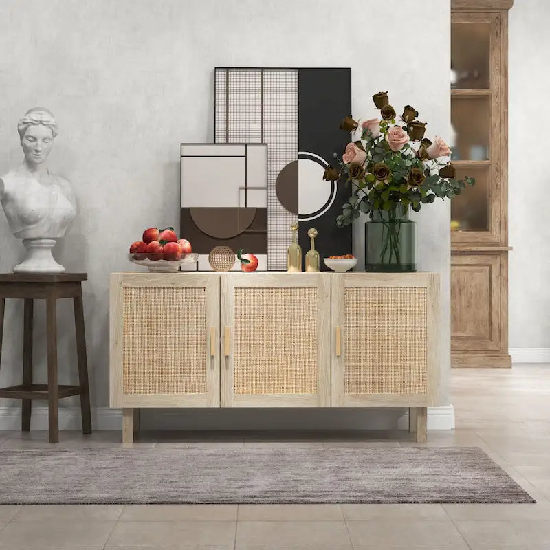 Credenza Buffet, Mobile da Cucina, Mobile Bar per Caffè con 3 Ante in Rattan e Ripiani Regolabili, Naturale Misto