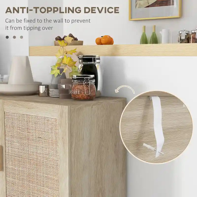 Credenza Buffet, Mobile da Cucina, Mobile Bar per Caffè con 3 Ante in Rattan e Ripiani Regolabili, Naturale Misto