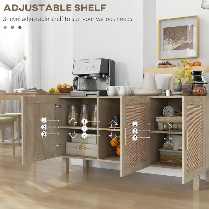 Credenza Buffet, Mobile da Cucina, Mobile Bar per Caffè con 3 Ante in Rattan e Ripiani Regolabili, Naturale Misto