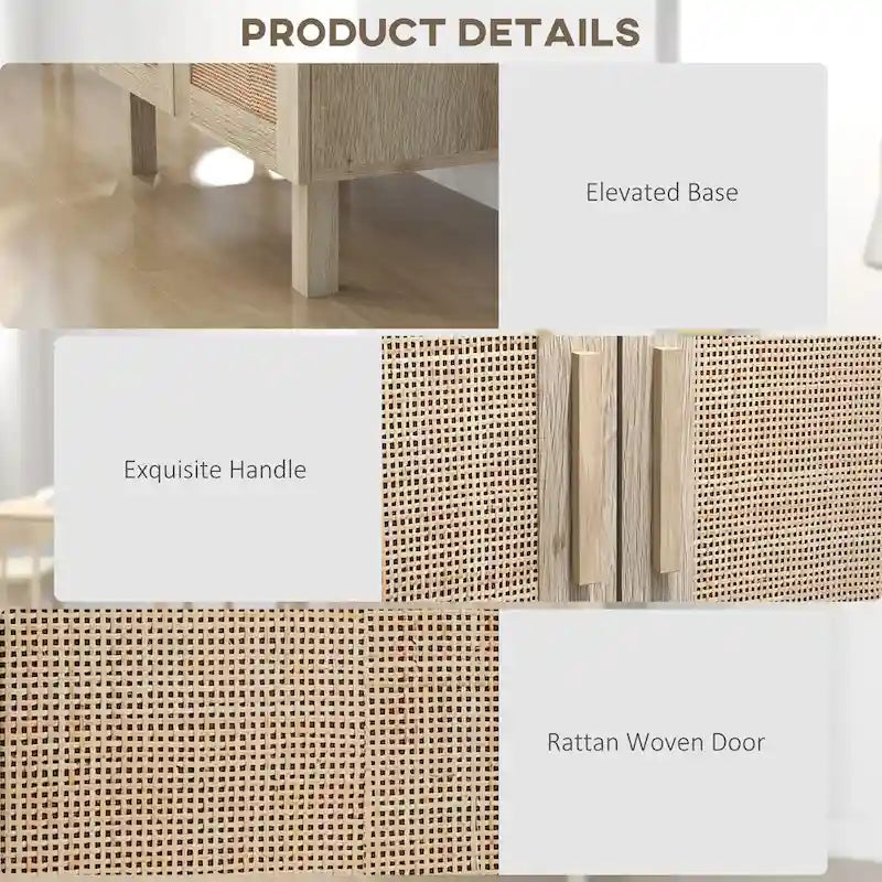 Credenza Buffet, Mobile da Cucina, Mobile Bar per Caffè con 3 Ante in Rattan e Ripiani Regolabili, Naturale Misto