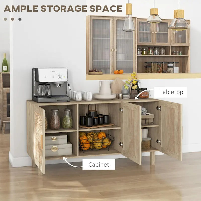 Credenza Buffet, Mobile da Cucina, Mobile Bar per Caffè con 3 Ante in Rattan e Ripiani Regolabili, Naturale Misto