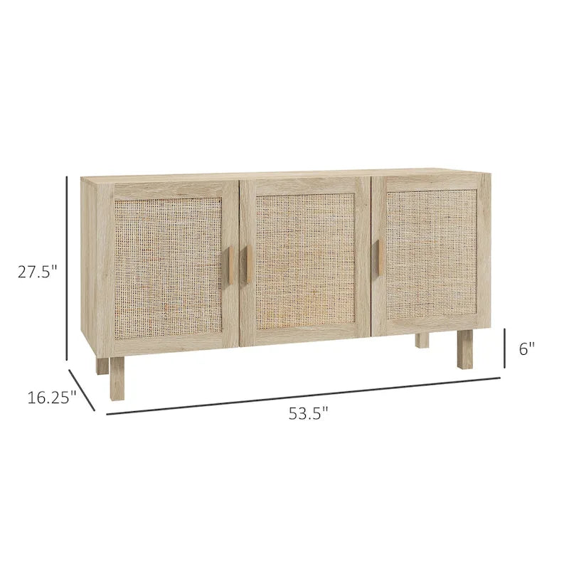 Credenza Buffet, Mobile da Cucina, Mobile Bar per Caffè con 3 Ante in Rattan e Ripiani Regolabili, Naturale Misto