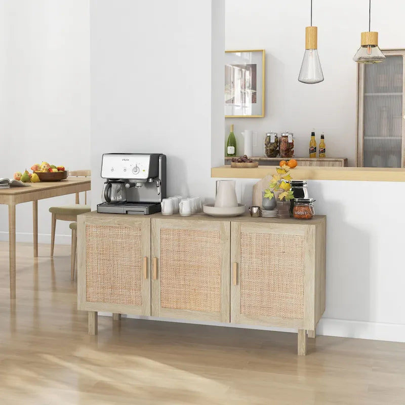 Credenza Buffet, Mobile da Cucina, Mobile Bar per Caffè con 3 Ante in Rattan e Ripiani Regolabili, Naturale Misto