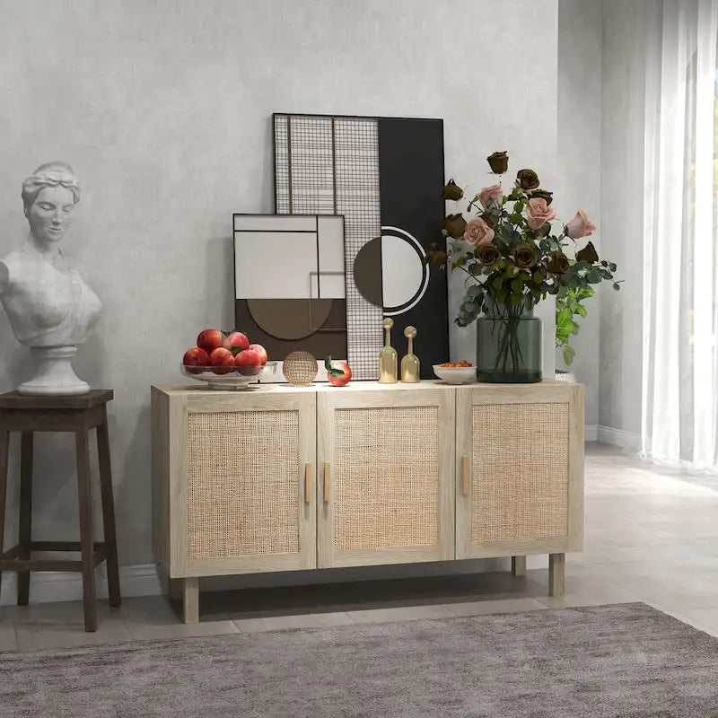Credenza Buffet, Mobile da Cucina, Mobile Bar per Caffè con 3 Ante in Rattan e Ripiani Regolabili, Naturale Misto