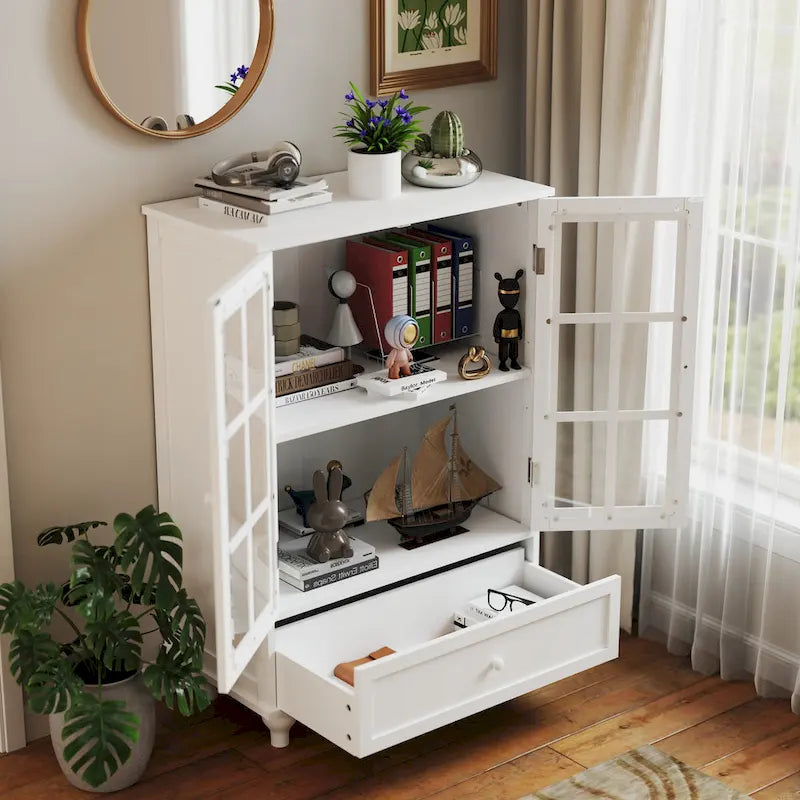 Credenza Buffet Minimalista con Doppie Ante in Vetro e Cassetto, Armadio Contenitore in Legno per Soggiorno, Corridoio
