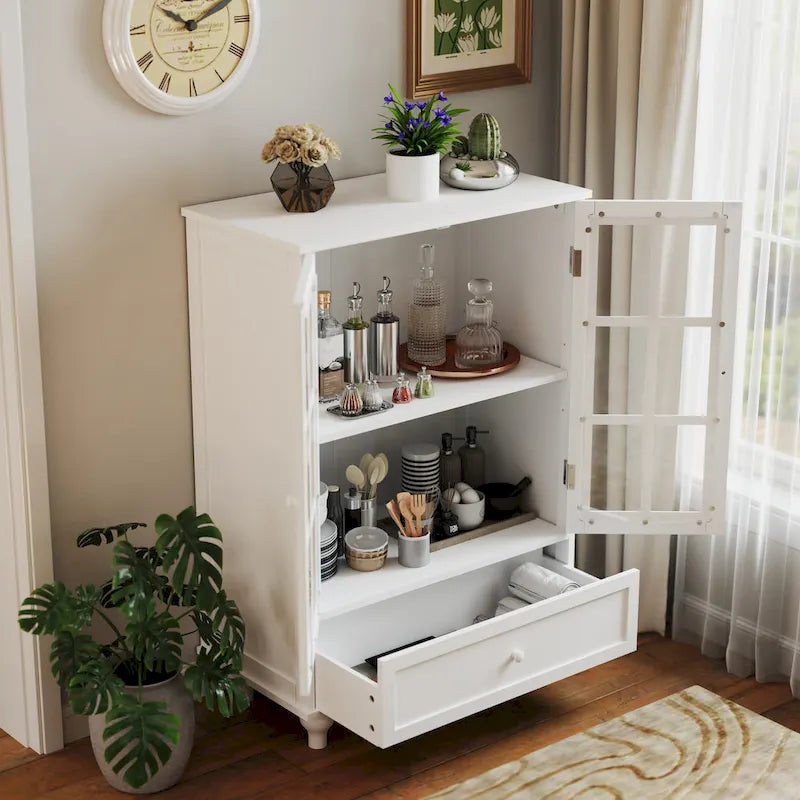 Credenza Buffet Minimalista con Doppie Ante in Vetro e Cassetto, Armadio Contenitore in Legno per Soggiorno, Corridoio