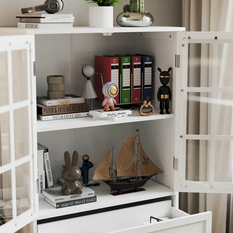 Credenza Buffet Minimalista con Doppie Ante in Vetro e Cassetto, Armadio Contenitore in Legno per Soggiorno, Corridoio
