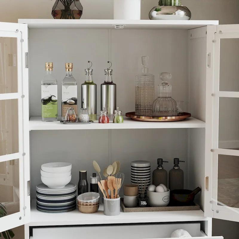 Credenza Buffet Minimalista con Doppie Ante in Vetro e Cassetto, Armadio Contenitore in Legno per Soggiorno, Corridoio