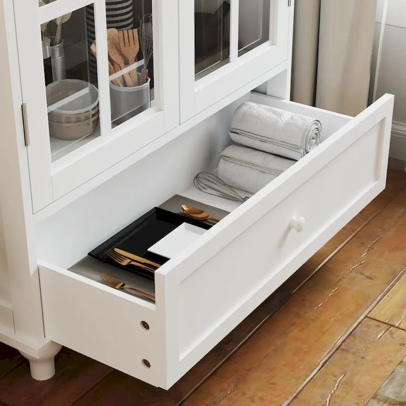 Credenza Buffet Minimalista con Doppie Ante in Vetro e Cassetto, Armadio Contenitore in Legno per Soggiorno, Corridoio
