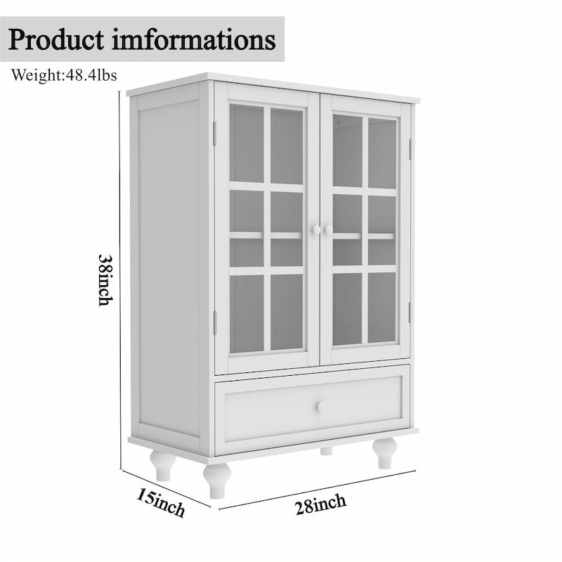 Credenza Buffet Minimalista con Doppie Ante in Vetro e Cassetto, Armadio Contenitore in Legno per Soggiorno, Corridoio