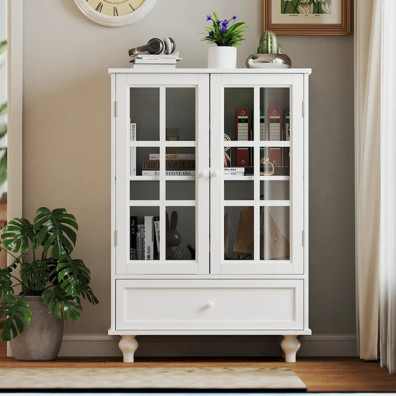 Credenza Buffet Minimalista con Doppie Ante in Vetro e Cassetto, Armadio Contenitore in Legno per Soggiorno, Corridoio