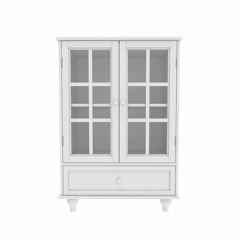 Credenza Buffet Minimalista con Doppie Ante in Vetro e Cassetto, Armadio Contenitore in Legno per Soggiorno, Corridoio