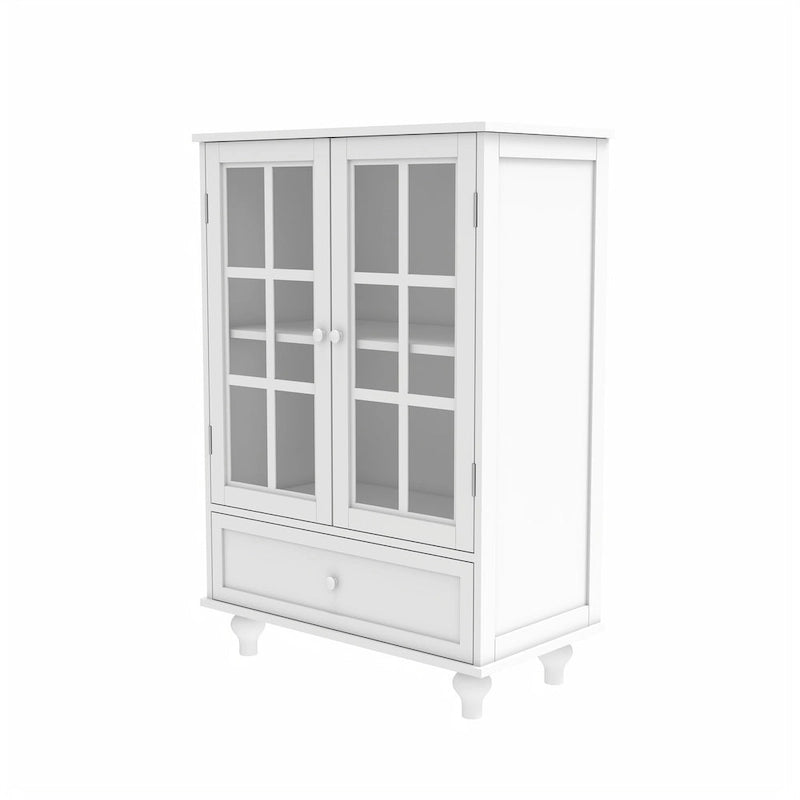 Credenza Buffet Minimalista con Doppie Ante in Vetro e Cassetto, Armadio Contenitore in Legno per Soggiorno, Corridoio
