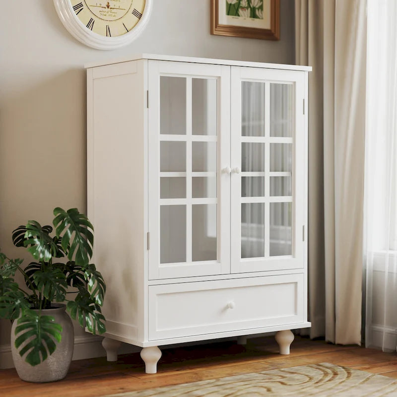 Credenza Buffet Minimalista con Doppie Ante in Vetro e Cassetto, Armadio Contenitore in Legno per Soggiorno, Corridoio