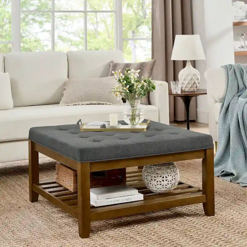 Tavolino Imbottito, Pouf Grande Quadrato in Lino Tufted con Scaffale e Struttura in Legno di Faggio, Pouf Contenitore Maxi