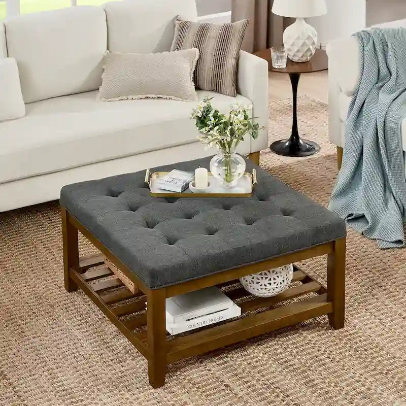 Tavolino Imbottito, Pouf Grande Quadrato in Lino Tufted con Scaffale e Struttura in Legno di Faggio, Pouf Contenitore Maxi
