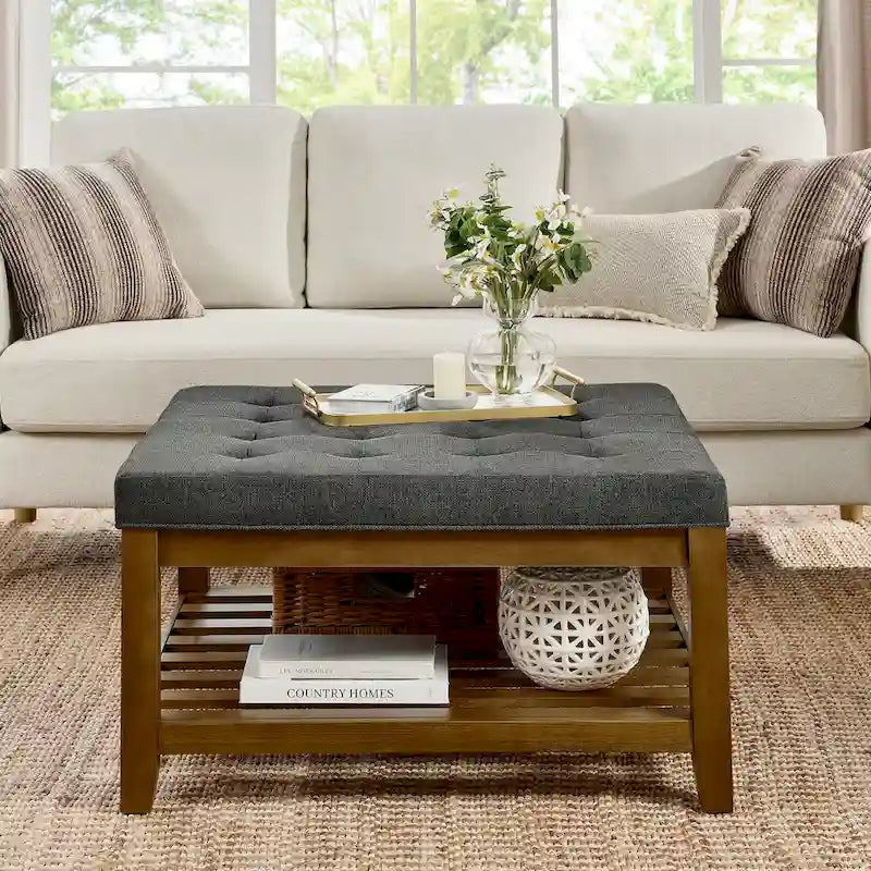 Tavolino Imbottito, Pouf Grande Quadrato in Lino Tufted con Scaffale e Struttura in Legno di Faggio, Pouf Contenitore Maxi